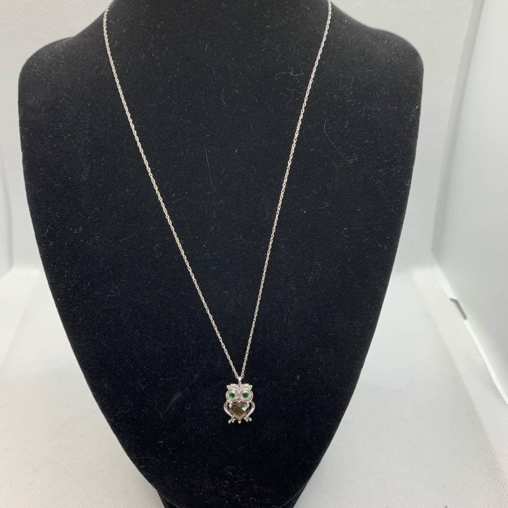 Petite Silver Owl Necklace with Jeweled Body and Eyes